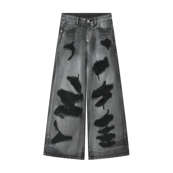 2025 Summer New High Street Men's Clothing Hole Beggar's Hip Hop Wide Mop Denim Pants Woven Loose Fit Washed Technics Jeans - Image 5