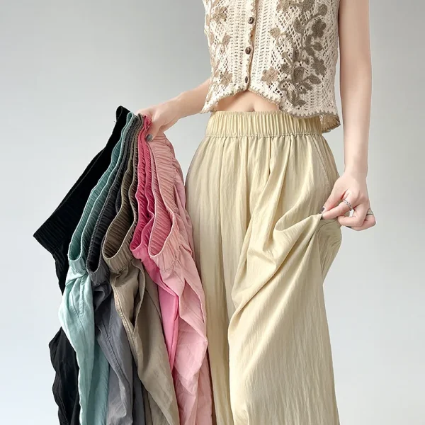 Petite XL Summer Casual Wide-Leg Pants Loose Cotton Linen Elastic Waist Draped Lazy Style Ice Silk Front Flat Long for Women - Image 5