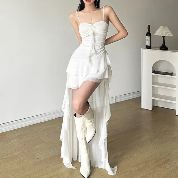 2025 Summer New Women's Cross-Border Off-Shoulder Strap Dress European American Style Solid Color Slim High Chiffon Natural