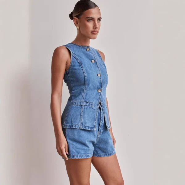 Spring Summer Vintage European American  New Casual Sleeveless Waist High Waist Loose Denim - Image 3
