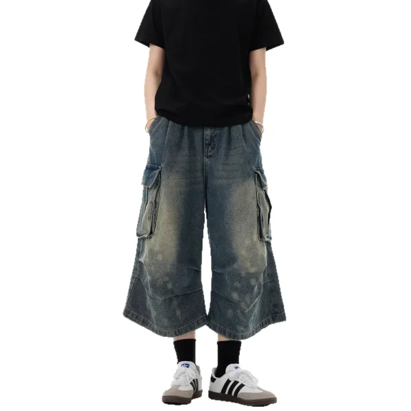 2025 Summer Unisex Loose Straight Leg Mid-Length Jeans New Multi-Pocket Pleated Cargo Spotted Washed Draping Effect Unisex Denim - Image 5