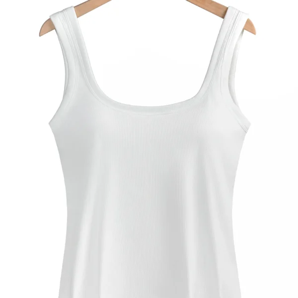 European American Women's Wide Shoulder Square Neck Tank Tops Solid Color Outerwear Beautiful Back Plus Size Ribbed Vest Fixed
