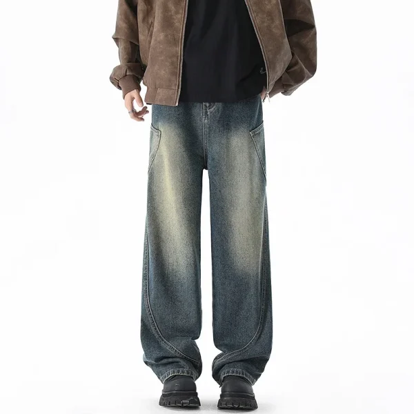 2025 Men's Scimitar Jeans Loose Straight Wide-Leg American Retro Long Pants in Autumn Winter Casual Denim with Medium Wash - Image 2