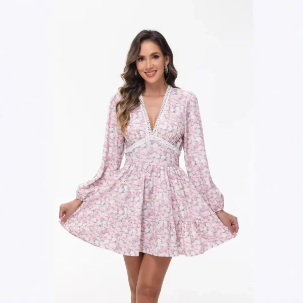 2025 European American Women's Floral V-Neck Lace Dress New Export Style Sweet Temperament Printed Summer Plain Dyed Short Dress - Image 6