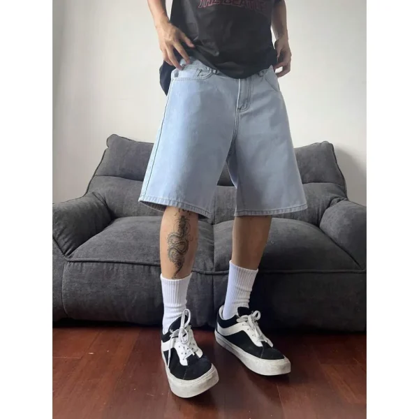 2025 Summer Trendy Retro Denim Shorts for Men Loose Casual Five-Point Pants Mid Waist Knitted Weaving Distressed Crystal - Image 4