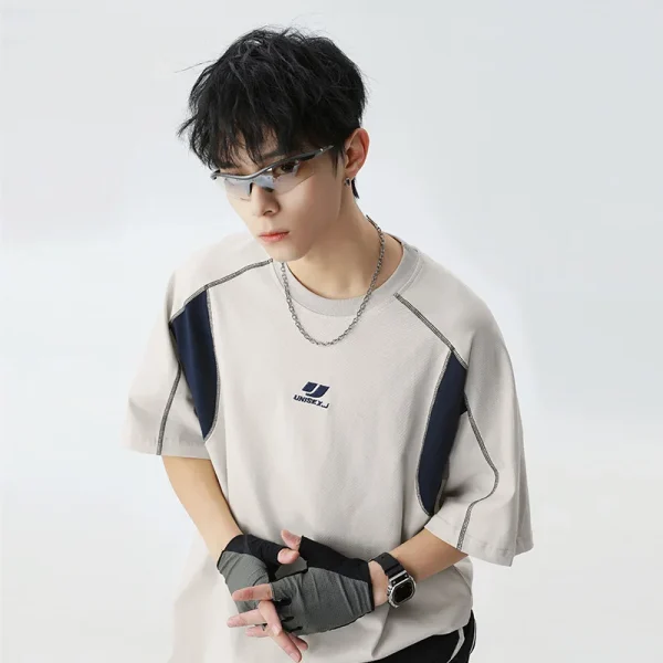 American Trendy Men's Retro Embroidered Pure Cotton Short-Sleeved T-Shirt Summer New Contrast Color Topstitch 240 Grams - Image 3