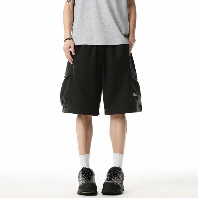 American Retro Trendy 3D Pocket Cargo Shorts for Men New Spring Summer Embroidered Casual Drawstring Five-Point Knee Length Mid