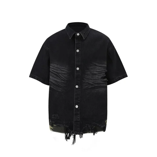 Fashionable Cut-Edge Stitching Leopard Print Japanese Style Denim Shirt and Shorts Sets Men's Casual  Half-Sleeved Clothing Suit - Image 6