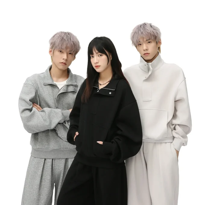 Mtlclothes Men's Casual Sports Suit Korean Style Half-Open Lapel Wide Version Pure Color Silhouette Loose Versatile for Winter - Image 2
