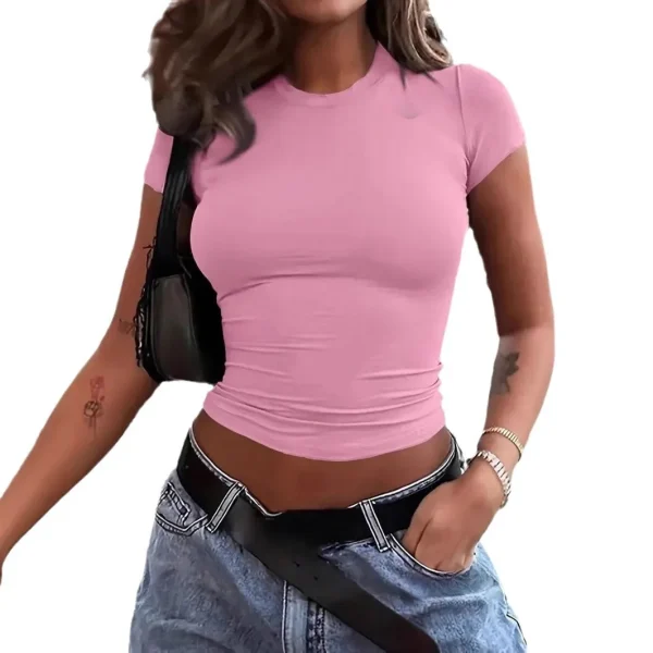 2025  European American Women's Short Sleeve T-Shirt Hot-Selling Solid Color Basic Neck Cross-Border - Image 5