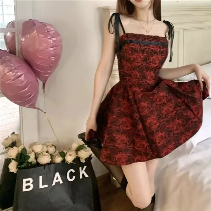 2025 New High-End Floral Suspender Dress for Women Casual Spaghetti Strap Lace-Up Spring Summer Tutu Skirt Tube Top Short Skirt