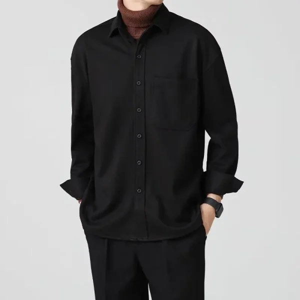 American Men's Casual Lapel Shirt Heavy Woolen Pure Color Long Sleeve Autumn Work Clothing Knitted Outwear