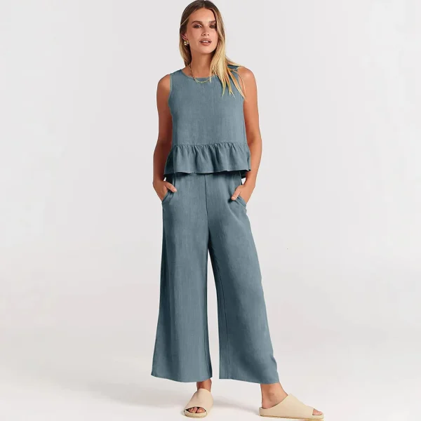 Women's Floral Nine-Point Pants Shorts Set Sleeveless Pleated Vest and Wide Leg Pants Loose Fit Sports Wear Knitting Fabric - Image 2