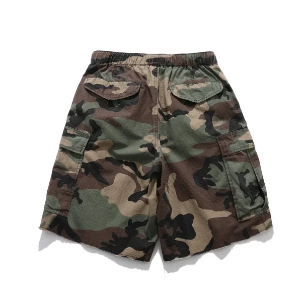Men's Summer Cargo Shorts Casual Camouflage Pattern Multi-Pocket Pants Zipper Fly Raw Edge Distressed Frayed Knitted Men Shorts