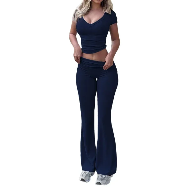 Casual Sports Women's Solid Color BM Short-sleeved T-shirt Long Trousers 2-piece Set - Image 5