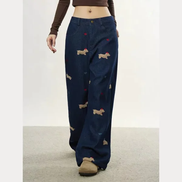 2025 Spring Fall New Arrival American Retro Puppy Embroidered Wide-Leg Jeans Men's/Women's Casual Loose Denim Medium - Image 4