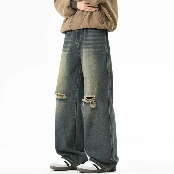 2025 Vintage Ripped Jeans for Men Loose Fit High Waist Straight Casual Pants Wide Leg All Seasons Denim Washed - Image 6
