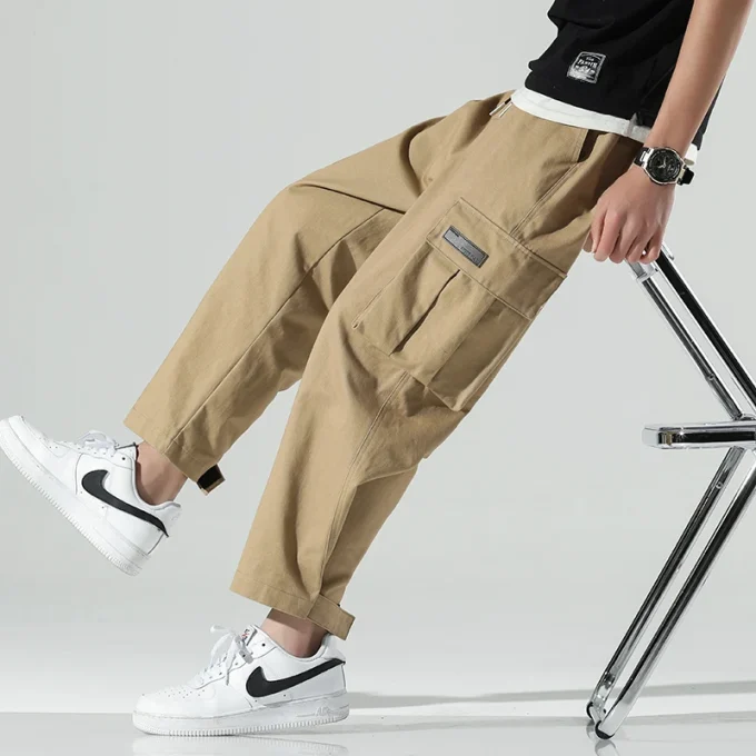 Autumn Men'S Cargo Pants Loose Wide Leg Casual Trousers for Men Black Khaki Drawstring School Male Clothes Streetwear