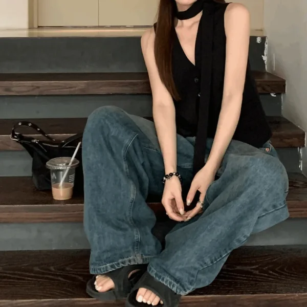 Women's High-End 2025 Summer Fashion Elegant Slimming Casual Suit Vest with Ribbon Button Decoration Sleek Sleeveless Top - Image 4