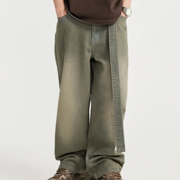 2025 Spring and Summer Trendy Men's Retro Distressed Jeans Inf Clothing New Casual Loose Street Pants with Belt