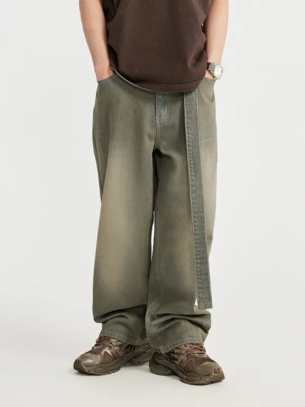 2025 Spring and Summer Trendy Men's Retro Distressed Jeans Inf Clothing New Casual Loose Street Pants with Belt - Image 3