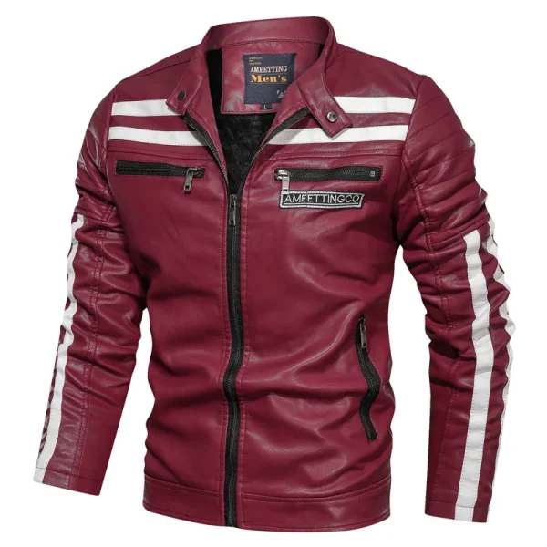 2025 New Design Men's PU Leather Jacket With Velvet Collar Patchwork Motorcycle Leather Jacket Pocket Decoration PU Coat for Men - Image 5