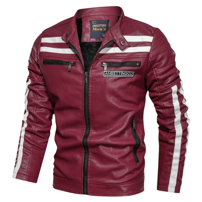 2025 New Design Men's PU Leather Jacket With Velvet Collar Patchwork Motorcycle Leather Jacket Pocket Decoration PU Coat for Men