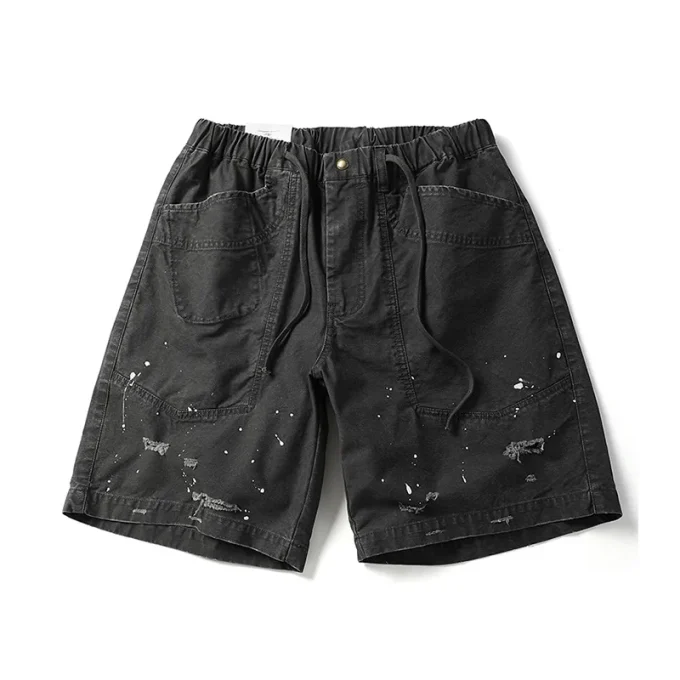 High Street Summer Cargo Shorts for Men Trendy 100% Cotton Knitted Personalized Ripped Paint Splashes Loose Casual Shorts Pants