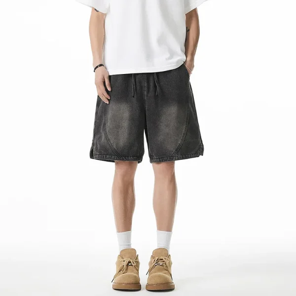 New American Retro Workwear Shorts for Men Five-Point Split Cut Design Washed Vintage Denim Summer Trendy Knitted - Image 2