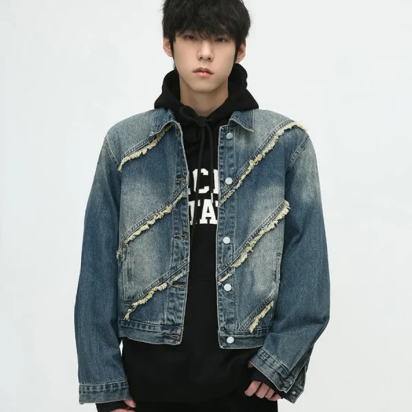 Denim Jacket Men's Autumn New Street Raw Edge Splicing Design Short Denim Jacket for Men
