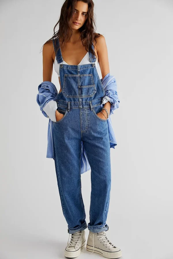 Women's Loose Denim Solid Waist Overalls with Button Washed Technique Casual Summer Vacation Print Print Design - Image 6