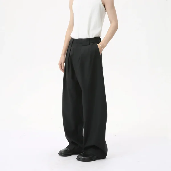 2025 Men's Fashion Solid Color 3D Tailored Korean Style Pleated Straight Wide-Leg Casual Floor-Length Zipper Fly Plain Dyed - Image 3