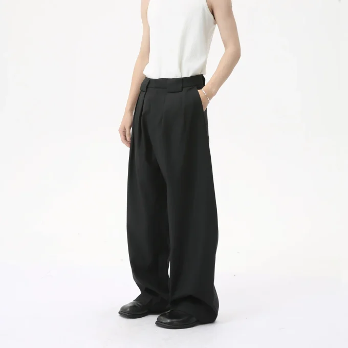 2025 Men's Fashion Solid Color 3D Tailored Korean Style Pleated Straight Wide-Leg Casual Floor-Length Zipper Fly Plain Dyed