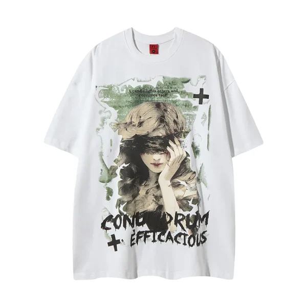 High Street Trendy Distressed Washed 100% Cotton T-Shirt Loose Fit Top Men's Short Sleeves Girl Pattern Printed O-Neck T-Shirt - Image 5