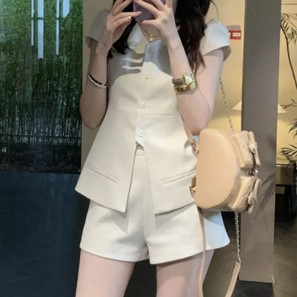 2025 Summer Elegant  Women's Vest Jacket Shorts Set Puerto Rico Complete Outfit Casual Skinny Fit Button Decoration