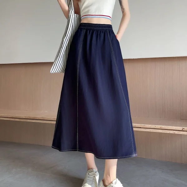 Summer Vintage Versatile Korean Style A-Line Skirt Midi College Wind Stitched Decoration Slimming Loose Pocket Denim New