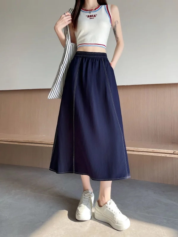 Summer Vintage Versatile Korean Style A-Line Skirt Midi College Wind Stitched Decoration Slimming Loose Pocket Denim New - Image 6