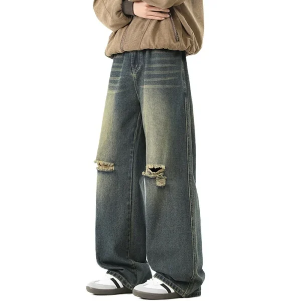 2025 Vintage Ripped Jeans for Men Loose Fit High Waist Straight Casual Pants Wide Leg All Seasons Denim Washed - Image 5