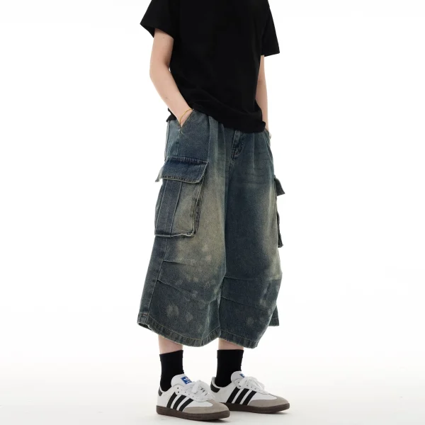 2025 Summer Unisex Loose Straight Leg Mid-Length Jeans New Multi-Pocket Pleated Cargo Spotted Washed Draping Effect Unisex Denim - Image 3