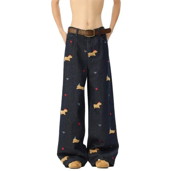 2025 Spring Fall New Arrival American Retro Puppy Embroidered Wide-Leg Jeans Men's/Women's Casual Loose Denim Medium - Image 5