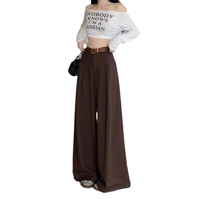 Autumhigh Casual Suit Pants High Waist Slimming Straight-Leg Draped Mop Design Easy Match Flat Front Elastic Waist - Image 5