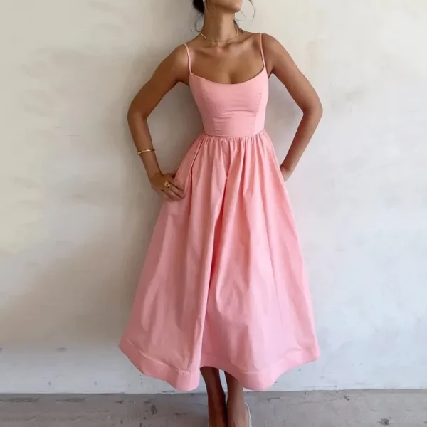 2025 Summer New Women's Fashion Cross-Border Satin Dress Casual U-Neck Waist-Cinching Ruched Strap Sexy Solid Spaghetti Natural - Image 2