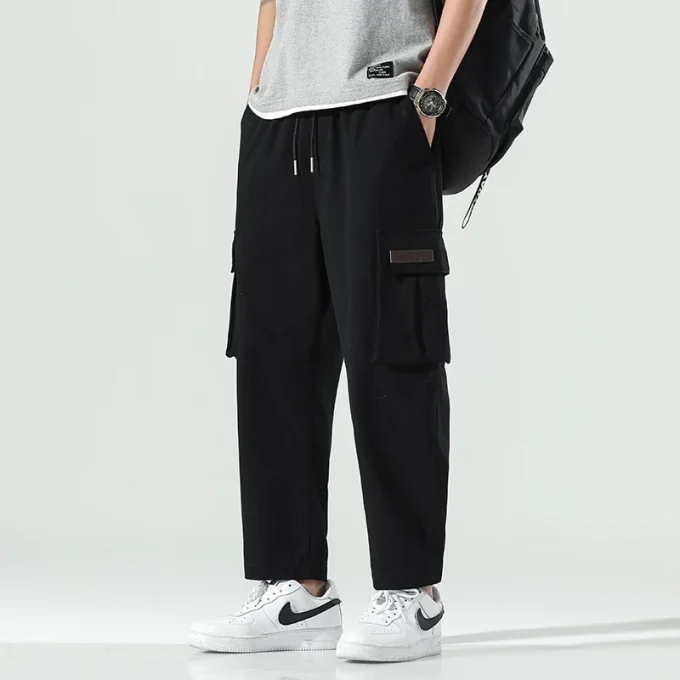 Autumn Men'S Cargo Pants Loose Wide Leg Casual Trousers for Men Black Khaki Drawstring School Male Clothes Streetwear