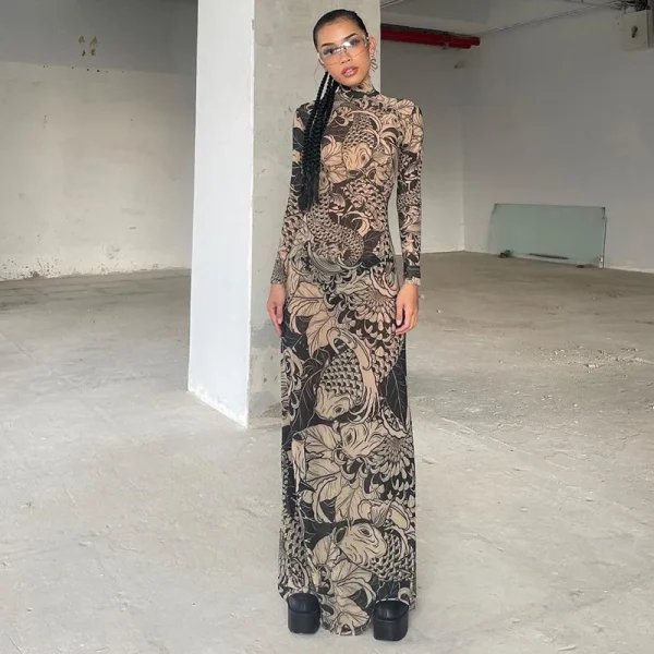 2025 Spring Summer Collection New Fashion Satin for Women High Neck Slim Fit Mesh Printed Sheer Knee-Length Natural Parties