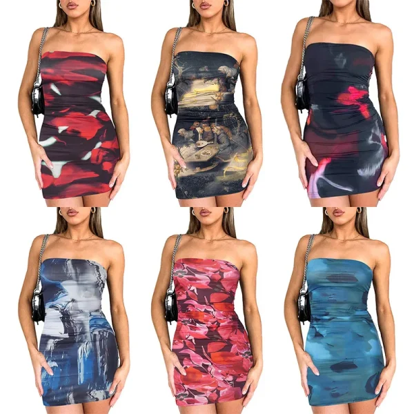 2025 Spring Summer Collection  Hot Selling Printed Chiffon Breast Wrap Hip Stretch Sexy Tight Dress for Women