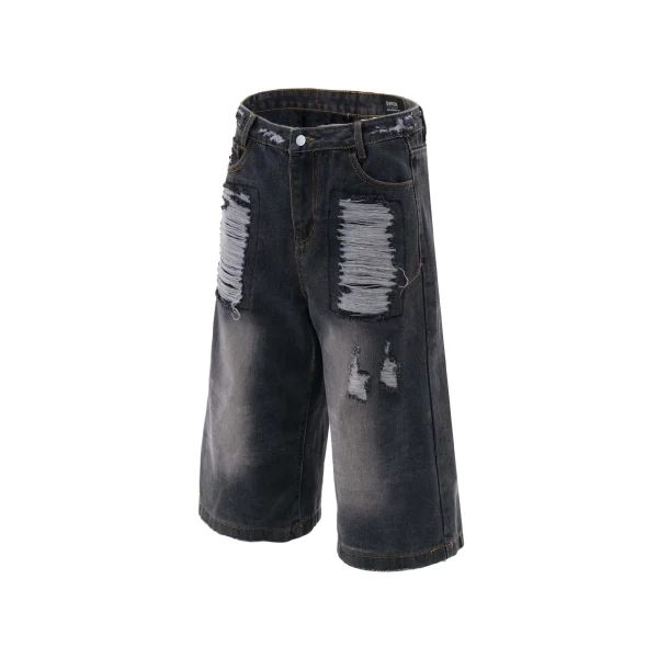 denim raw Edge Denim Jorts Diamond Rhinestone Long Straight Baggy Carpenter Double Waist Layer Y2k Jeans Shorts Men Jorts - Image 6