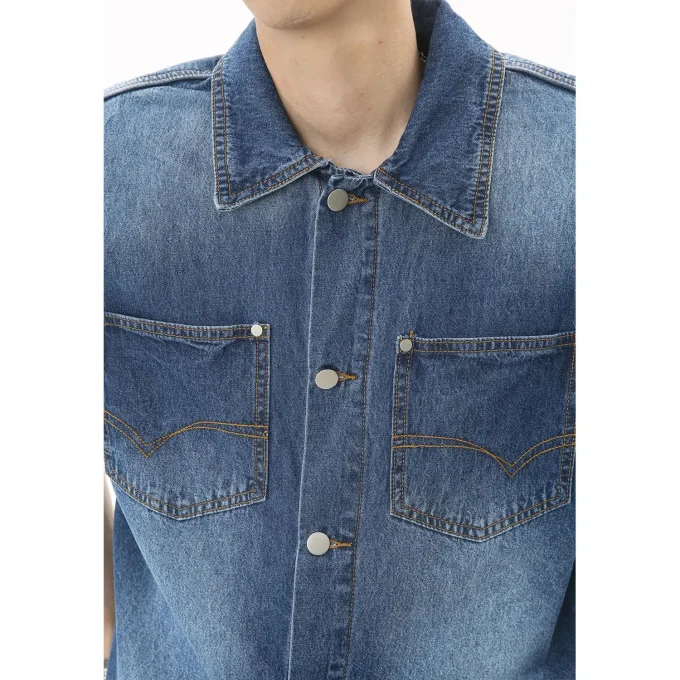 Denim Jacket Men's Summer Loose Denim Short-sleeved Shirt Shoulder Pad Coat Cardigan for Men