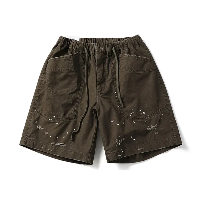 High Street Summer Cargo Shorts for Men Trendy 100% Cotton Knitted Personalized Ripped Paint Splashes Loose Casual Shorts Pants