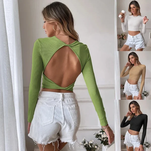 Sexy Backless Casual Slim Knitted Long-Sleeved T-Shirt Top Outer Wear for Summer - Image 4