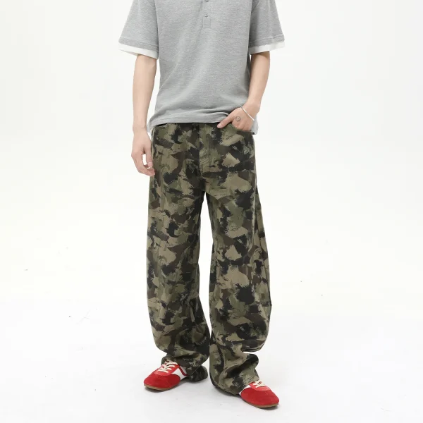 2025 Men's High Quality Camouflage Design Washed Jeans  Wide Leg Mid Waist Straight Style Denim - Image 2